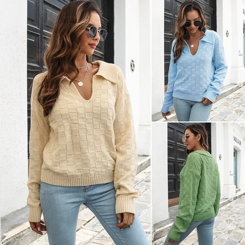

Three-dimensional plaid lapel sweater women's loose autumn and winter long-sleeved European and American sweaters new