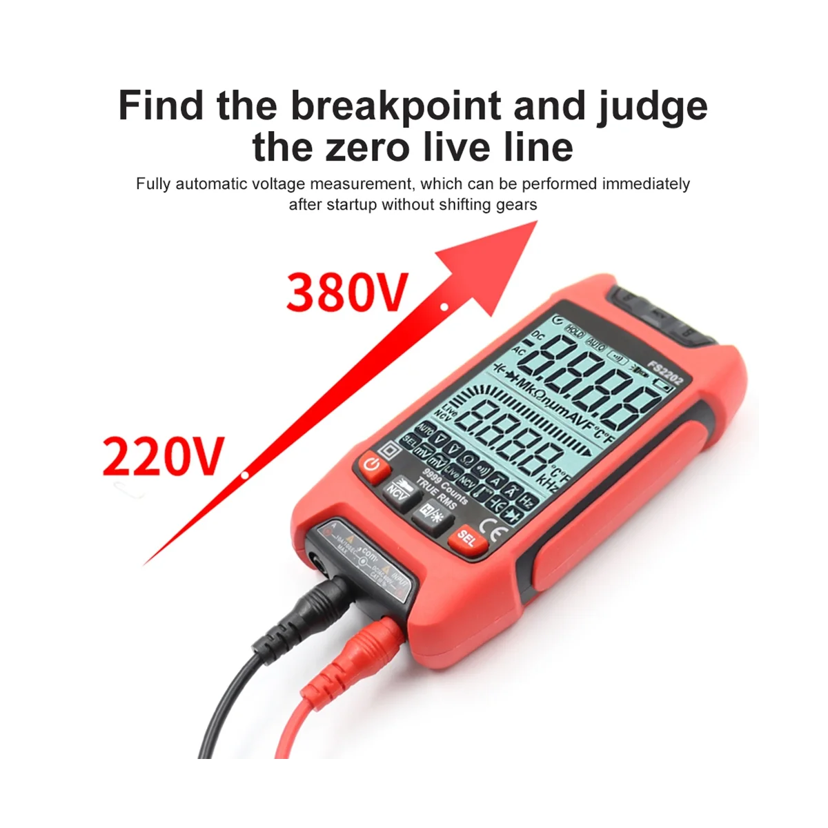 FS2202 Auto Range Multimeter 9999 Counts TRMS AC DC Voltmeter Amp NCV Resistance Capacitance Transistor Tester Red