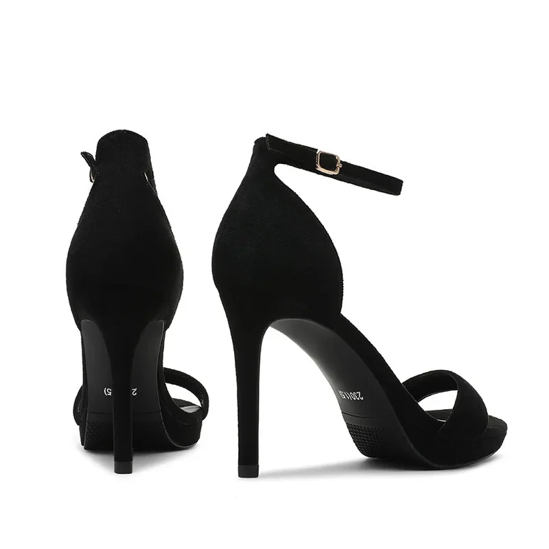 2023 Summer Women 9.5cm High Heels 2cm Platform Suede Black Sandals Lady Stiletto Heels Strappy Sandles Catwalk Fetish Shoes