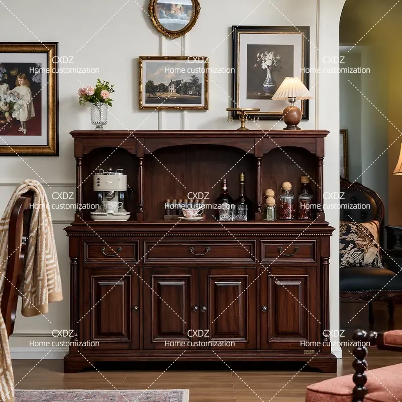 American retro walnut dining side cabinet integrated against the wall light luxury high-end kitchen living room storage solid