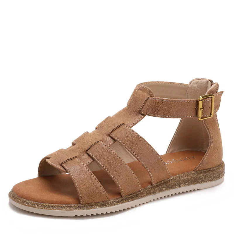 

Roman Sandals Flat Summer Shoes Woman Large Size Suit Female Beige Open Toe Cross Gladiator Without Girls Big Black Beach Low