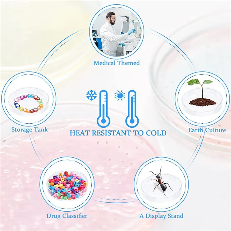 ชุดจานแก้ว Petri จานบอโรซิลิเกตสำหรับห้องแล็บแผ่นเยื่อโปร่งใสมีฝาปิด (10ชิ้น, 60x20มม.)