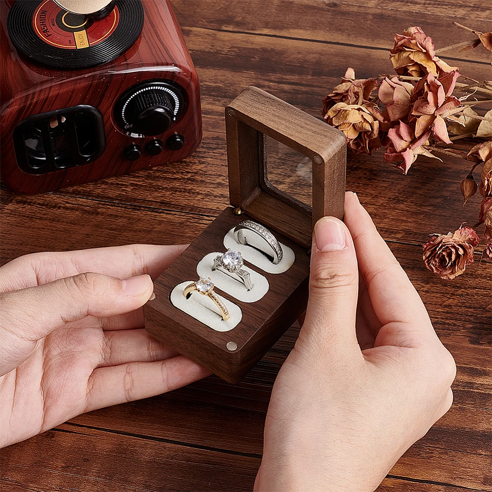 Wood 3 Slot Ring Box with Glass Lid for Wedding Proposal Walnut Wood Ring Bearer Cube Flip Box 3 Ring Storage Box with Lid view 5