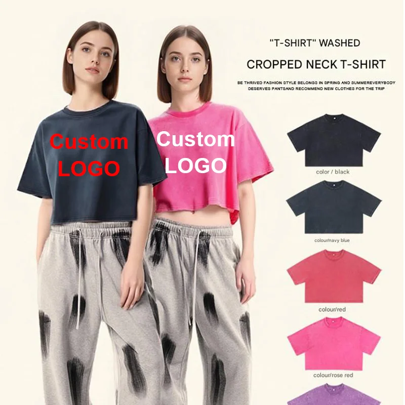 Custom LOLO Female Women Sexy Short Belly-Baring Shirt Hip Hop Streetwear 100% Cotton T-shirts Oversized Washed Tee Unisex Retro