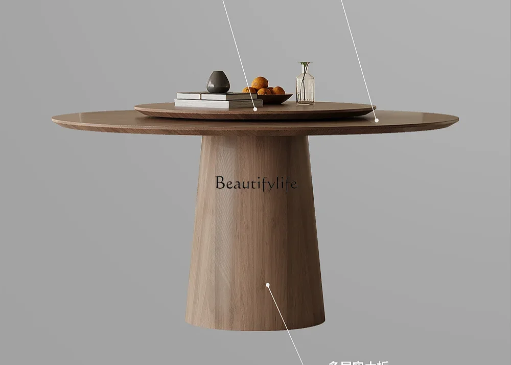 

Silent Style Solid Wood Dining Table round Rotating Household Minimalist round Dining Room with Turntable