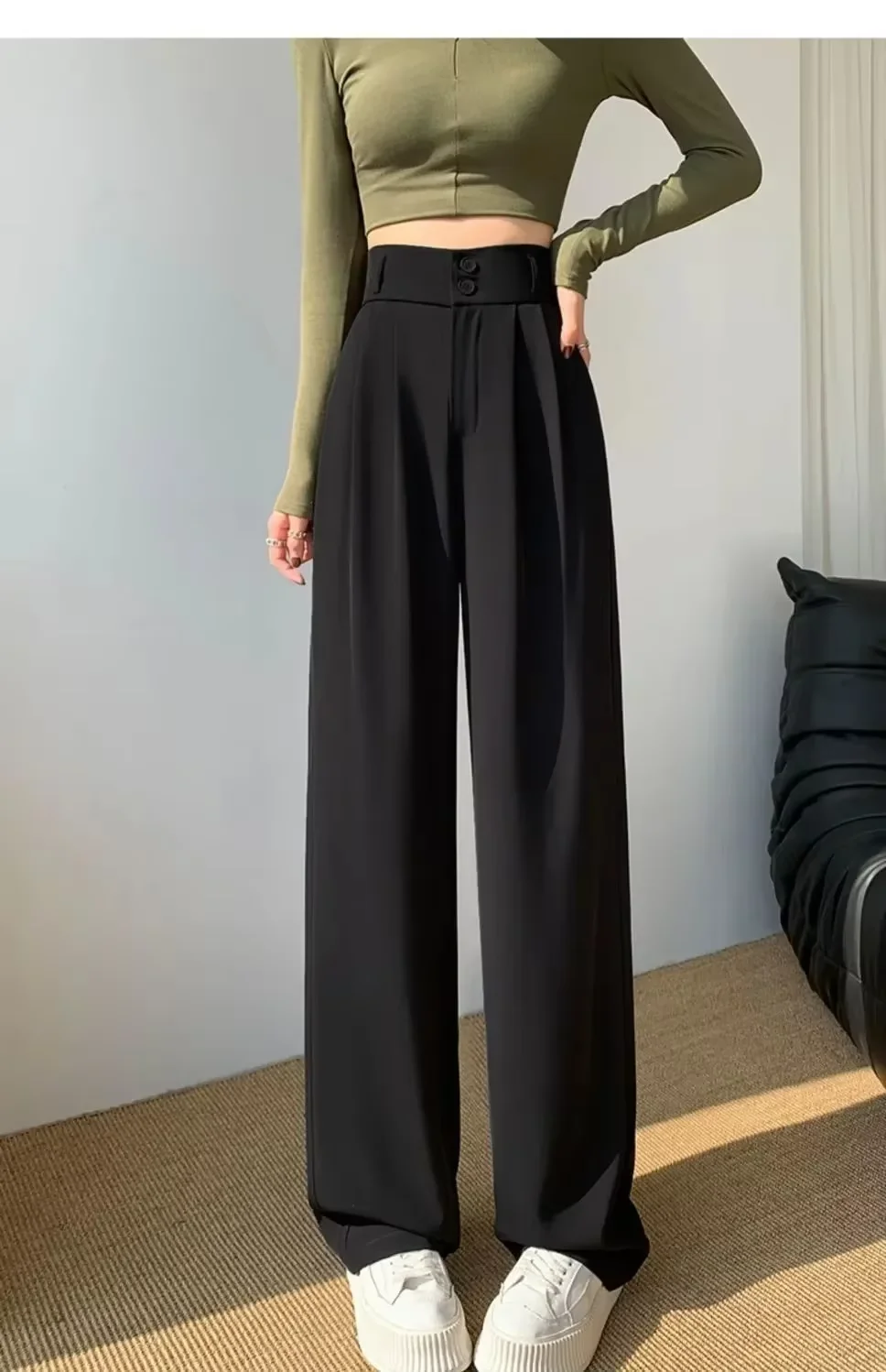 Elegante Weite Hosen für Damen im Koreanischen Stil mit Hoher Taille, Schwarze Baggy-Hosen, Büro-Damenmode, Lockere Anzughosen, Streetwear – Detail 8