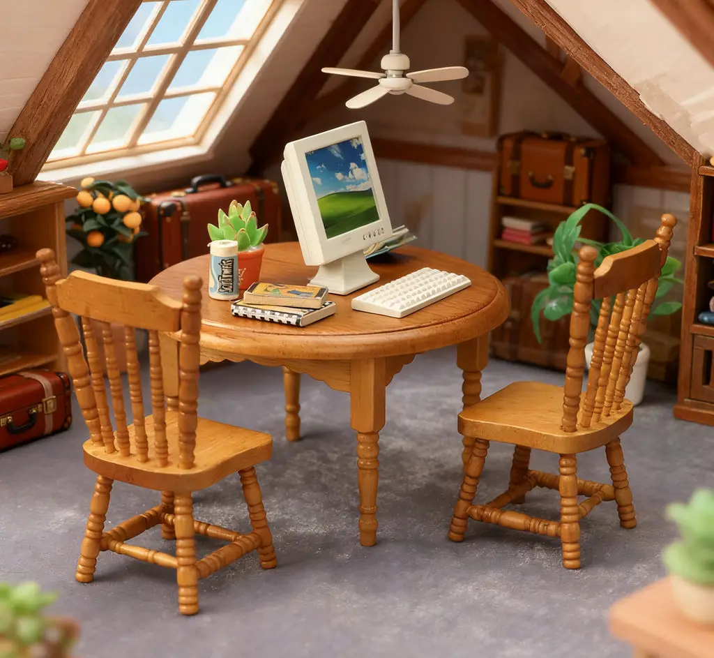 Mini móveis para casa de bonecas 1:12, mesa e cadeiras de madeira maciça castanha inspiradas por IA, decoração de mini cena de madeira para casa de bonecas