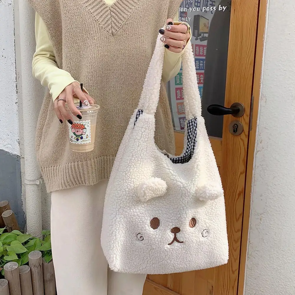 Sac fourre-tout en peluche douce pour femme, broderie de dessin animé, sac de shopping ouvert, cheveux d'agneau, H1A3, hiver, 216.239., 2023