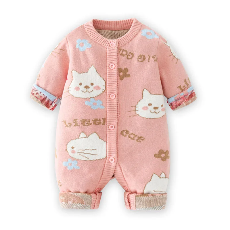 

Autumn Winter Infant Girls Bodysuit Cartoon Cat Thickened Warm Newborn Girls Onesies Jacquard Knit Soft Baby Girls Romper