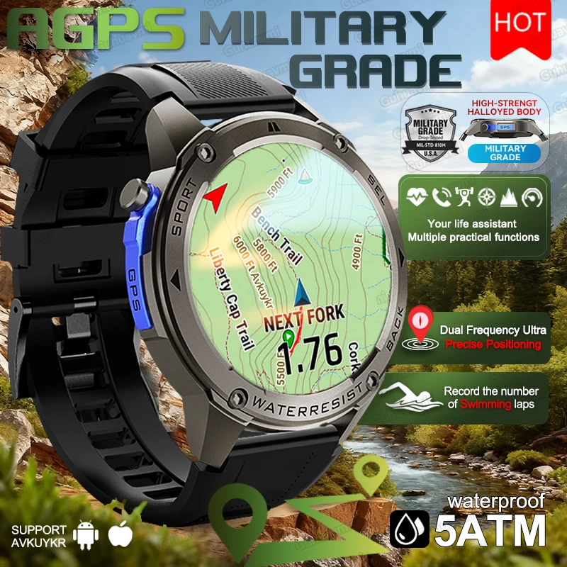 

New Military Ultra Precise Positioning AGPS Smart Watch 5ATM Waterproof 170+Sport Mode Compass Swim Smart Watches For Man 2026