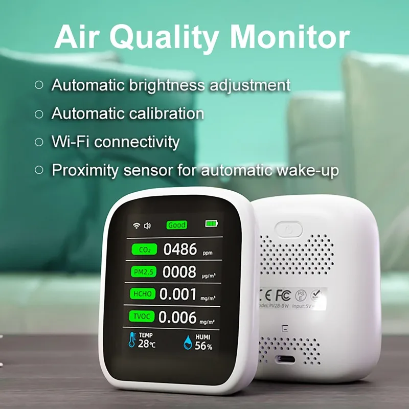 

Умный монитор качества воздуха WiFi 8-в-1 с TFT-дисплеем, двойным датчиком NDIR и лазером для измерения CO2, PM2.5, HCHO, TVOC, с управлением через приложение, для дома и помещений