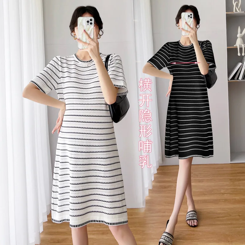 

Maternity Summer Loose Fashion Striped Pleated Short Sleeve Dress Openwork Knit For Nursing Pregnant Maternity Clothes Dress