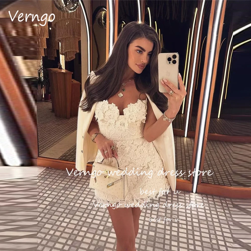 

Verngo 2023 Mini Short Party Bride Dresses Full Lace Sweetheart Sexy Elegant Ivory Arabic Prom Evening Gowns Formal Dress