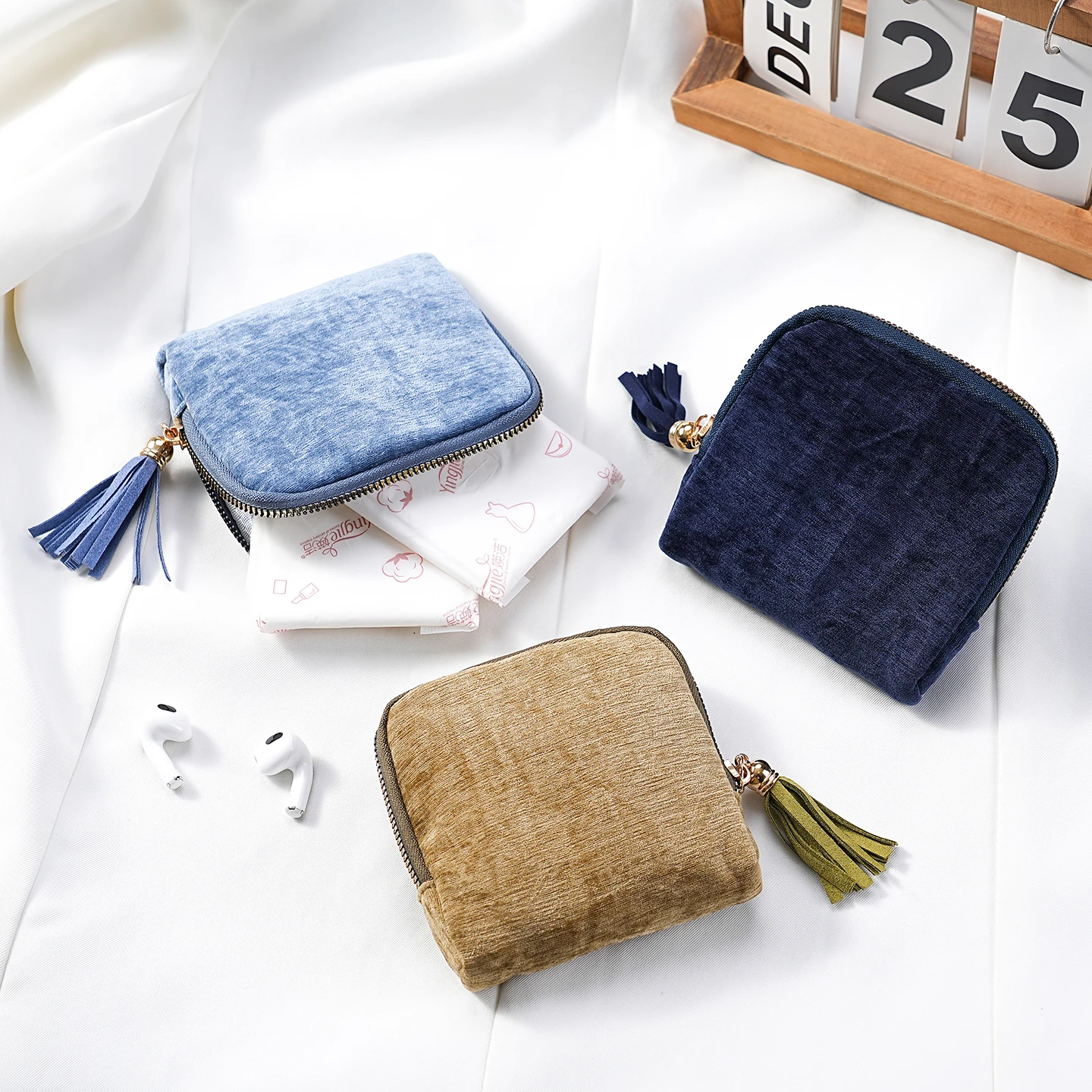 

3-color tassel sanitary pad pouch, stylish mini organizer for lipstick, coins, cards & earphones.