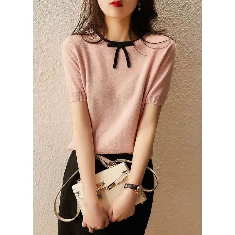 New Summer Sweater Short-sleeved Tops for Women with Niche French Sweet Loose Thin T-shirts