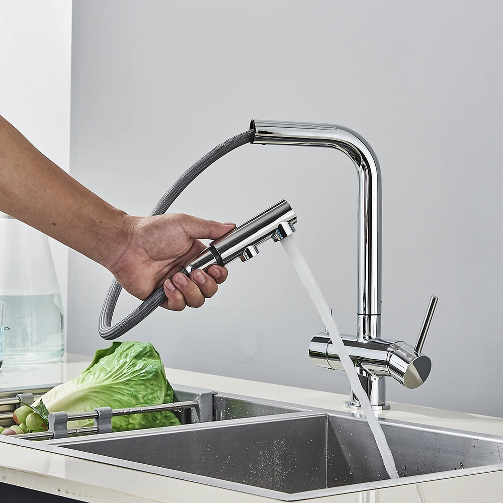 Chrome Brass Pull Out Filtered Kitchen Faucet Dual Handle Hot Cold Drinking Water 3-Way Filter Purification Mixer Taps
