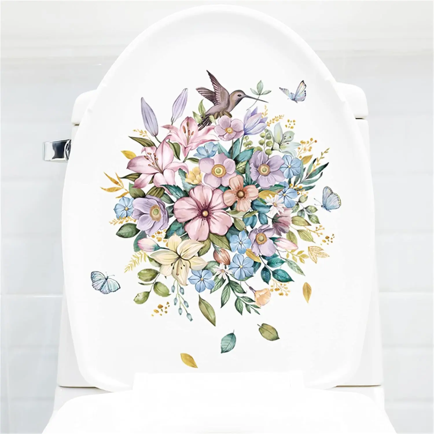 Flowers and Hummingbird Butterfly Toilet Stickers Removable Toilet Lid Wc Refrigerator Vinyl Decals Waterproof Home Decoration