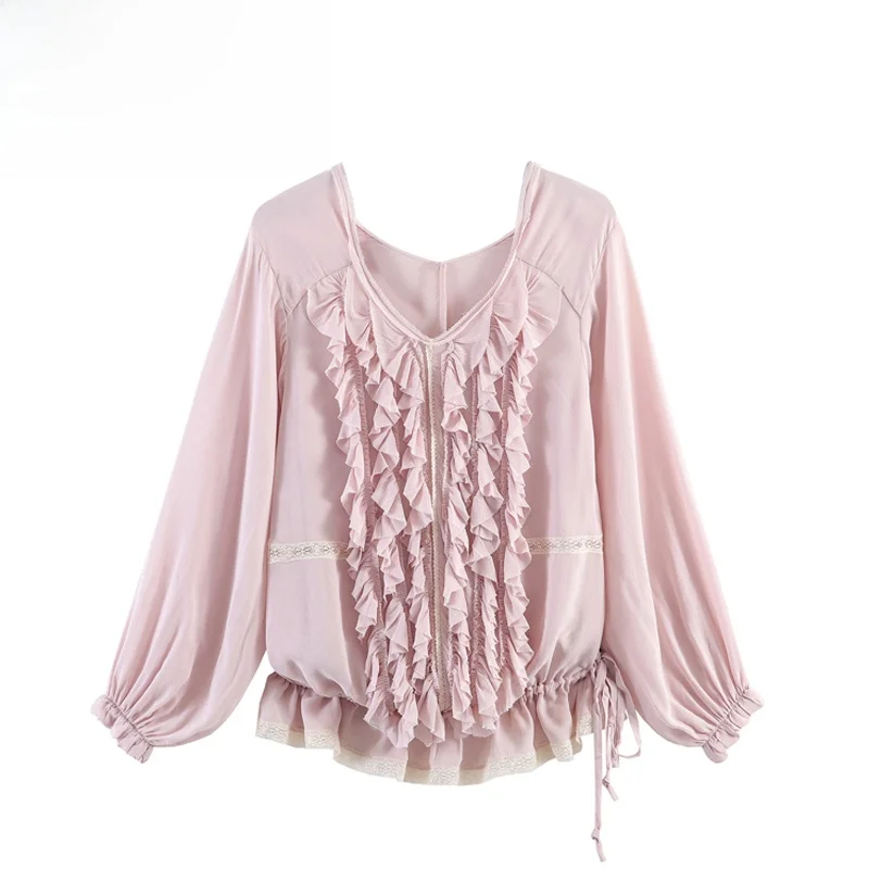 

Fashionable Layered Lace Shirt Women's Breathable Long Sleeve Polyester Fiber Skin-friendly Spring 2026 Casual Versatile Top