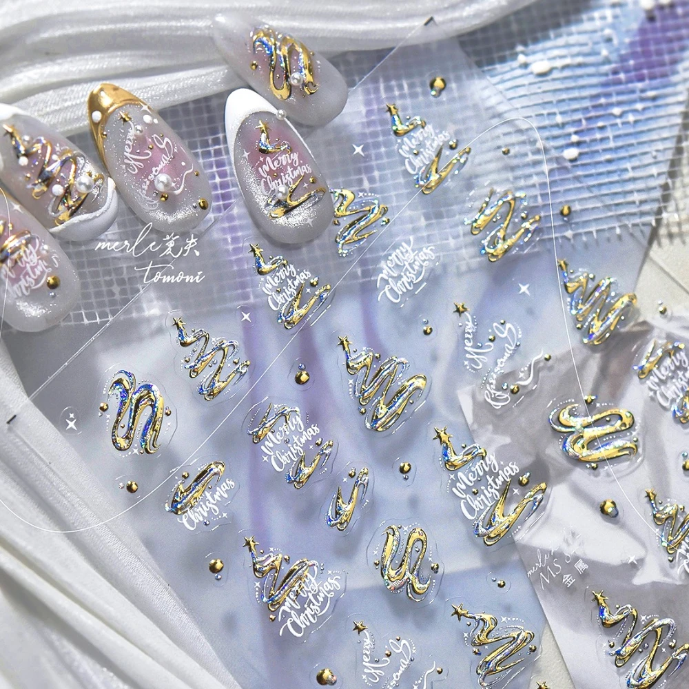 Sprankelend goud zilver lint ontwerp kerstboom sterren 3D zelfklevende nail art stickers xmas winter mooie manicure stickers