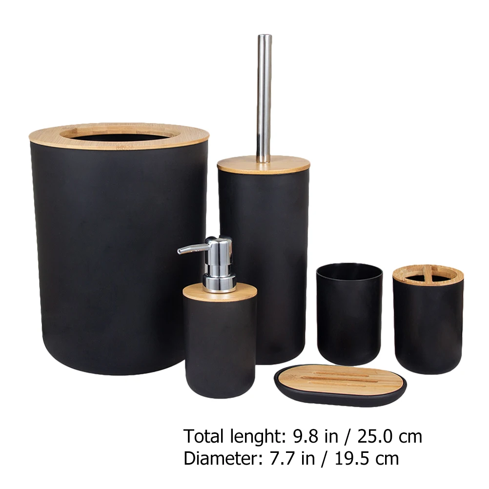 

Bathroom Accessories Set 6 Piece Mouthwash Cup Toothbrush Holder Lotion Bottle Soap Dish Trash Can Bamboo Plastic Storage