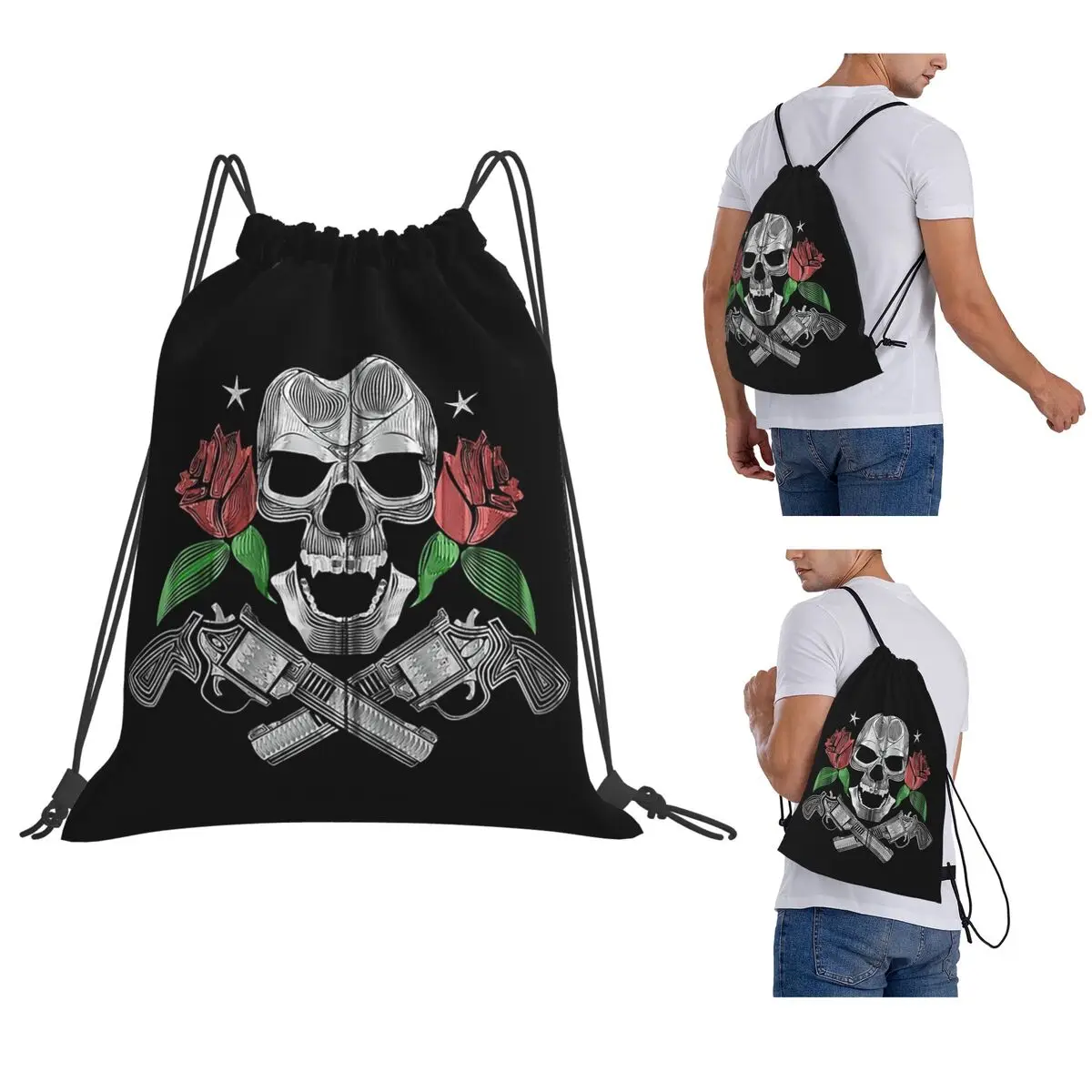 Red Roses With Guns And Skull Design Zip Hoodie Backpacks Portable Drawstring Bags Storage Bag Book Bags for Man Woman Students
