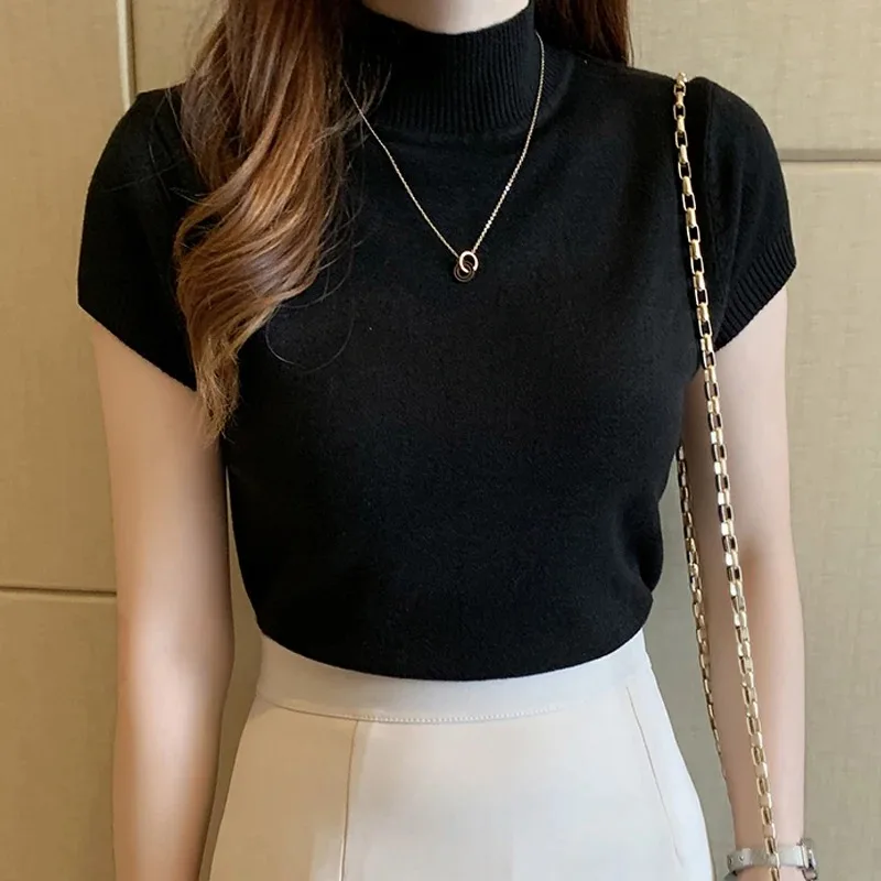 Korean Knitted Women Tops Mujer De Moda 2024 Casual Women Clothing  Summer Solid Slim Half High Collar Blouse Blusas 8622 50