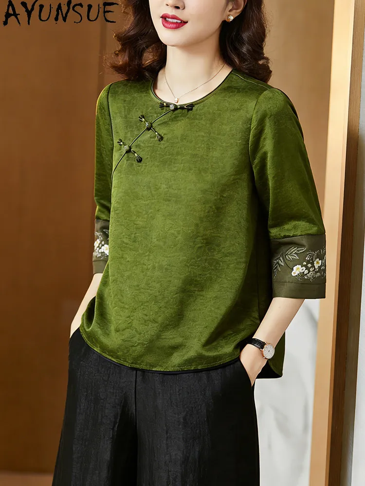 AYUNSUE 100% Real Mulberry Silk T Shirt Women Xiangyunsha Chinese Style Female T Shirts Embroidered Womens Tops 2026 Ropa Mujer