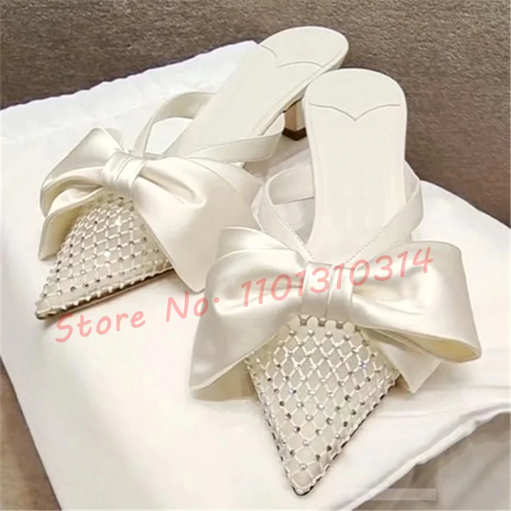 

Mesh Pointy Bow-tie Slippers Women Elegant Crystal Inlay Med Heels White Purple Sexy Shoes Butterfly Knot Causal Outfit Slippers