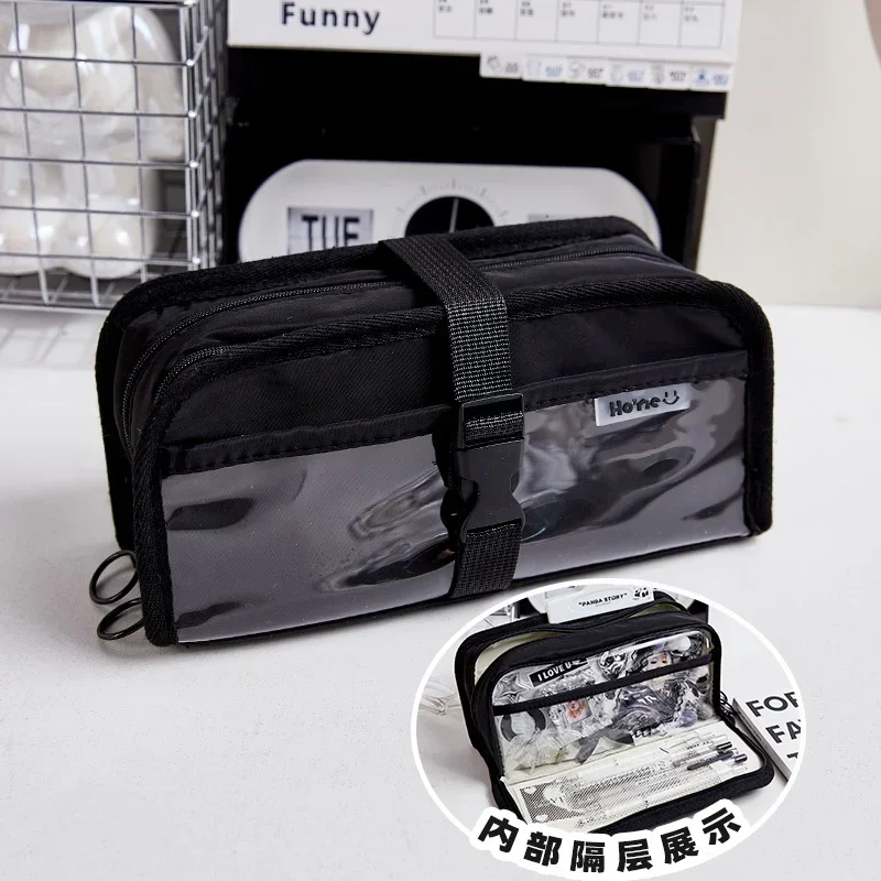 Chic Simplicity Pencil Case for Kids Boy Girl Korean Fashion Black White Color Pencil Pouch Large Capacity Stationery Bag