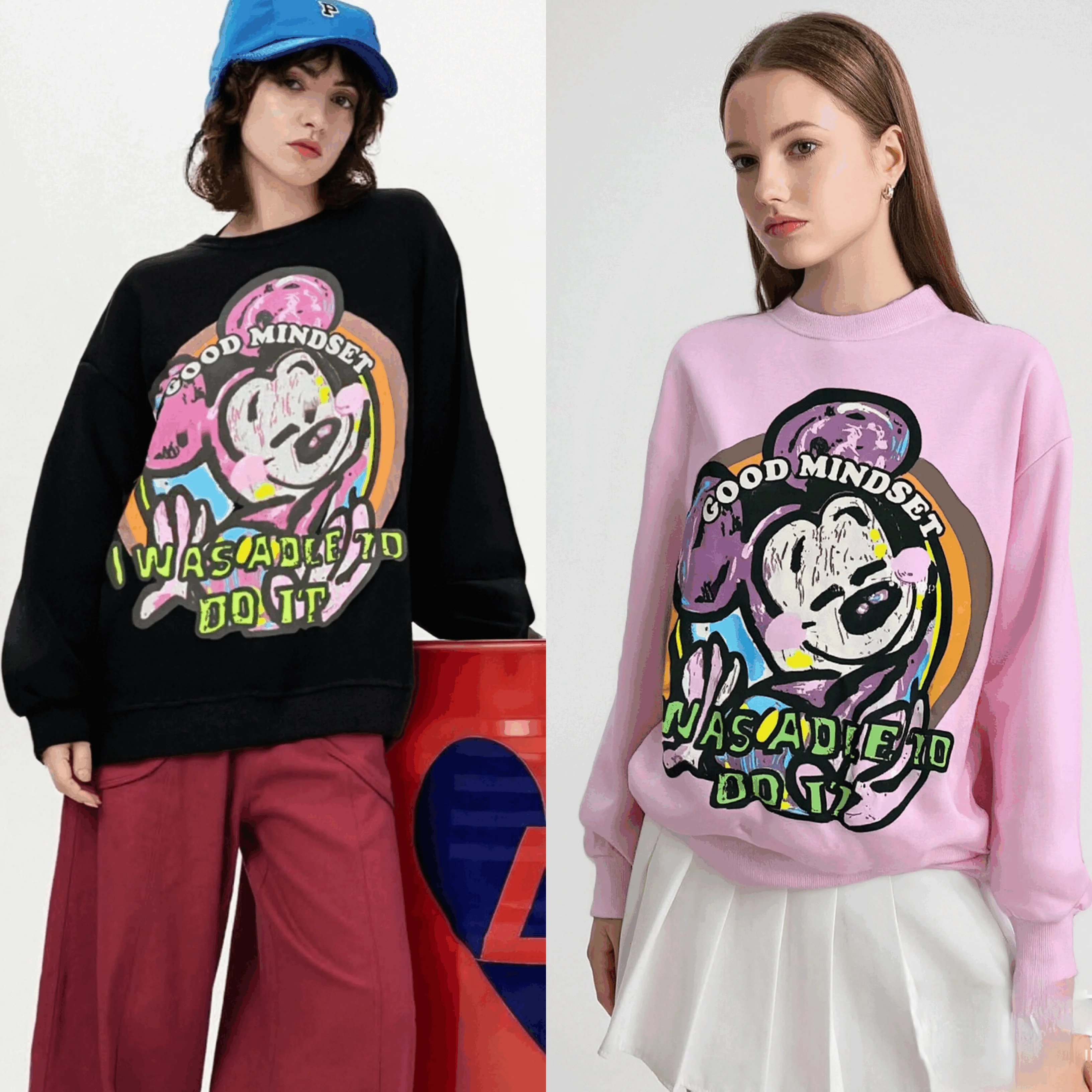 

European and American trendy casual Mickey cartoon printed loose hoodie with versatile fleece T-shirt top