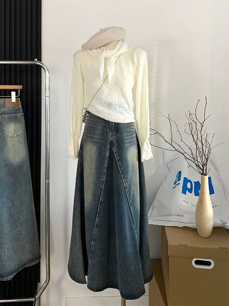 Woman Pleated Skirt A-line Skirt Maxi All-match Design Kawaii Office Lady Gyaru Aesthetics Slit Patchwork Tie-dyed Loose Denim