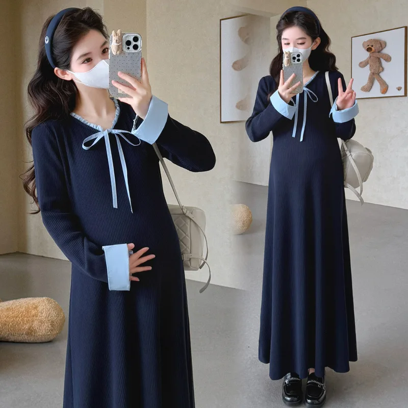 Maternity Dress Spring Autumn Preppy Style Cute Sweet Versatile Soft Comfortable Long Sleeve Knit Dress for Pregnant Women
