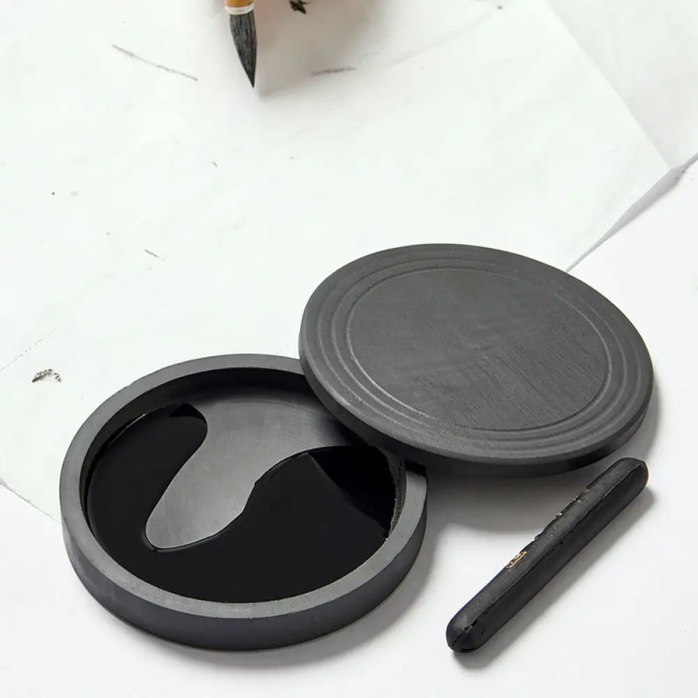 Traditional Style Natural Stone Inkstone With Lid Ink Grinding Tray For Calligraphy Painting Student Art Stationery