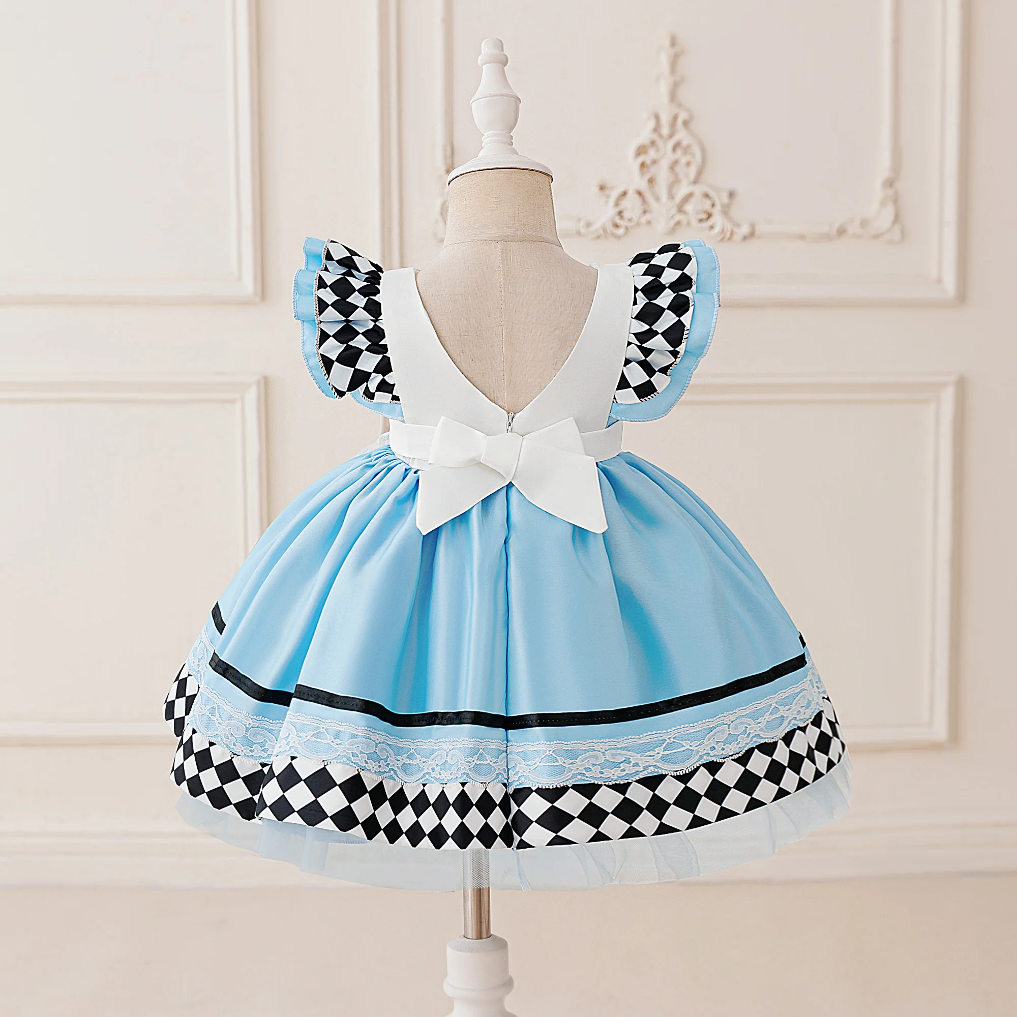 Maid Alice Princess Party Baby Girls Dress Lolita Wonderland Alice Carnival Cartoon Bow Apron Dresses for Baby Halloween Costume