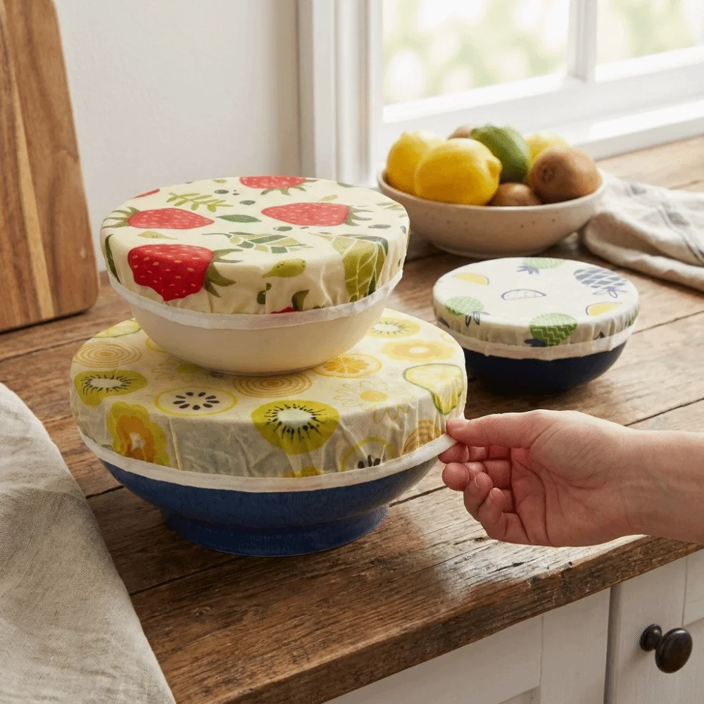 Anti Dust Beeswax Cloth Bowl Cover Elastic Edge Fresh Keeping Reusable Bowl Cover Random Style Prevent Flies Cup Lids Rice Bowl