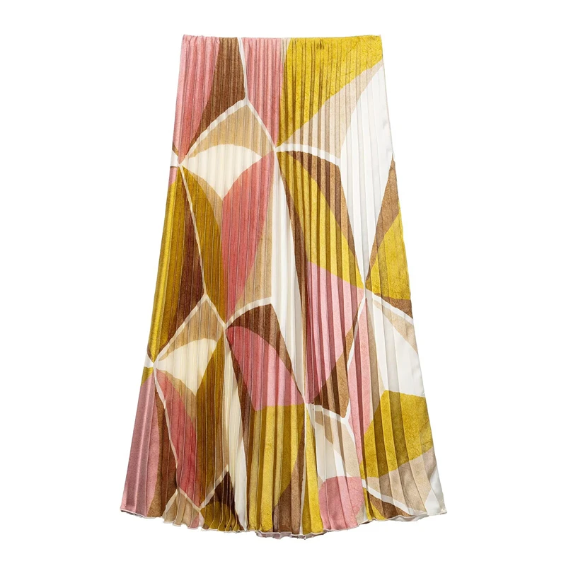 KEYANKETIAN letnia nowa damska kontrastowy kolor nadruk geometryczny plisowana spódnica wakacyjny wiatr w pasie płynąca spódnica MIDI w kształcie litery A