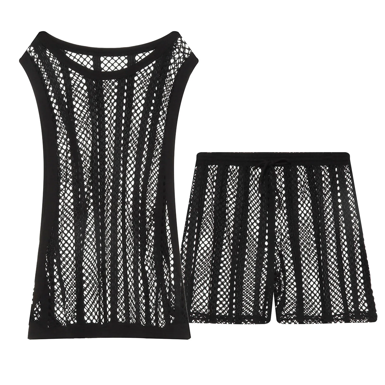 CLEVER-MENMODE Herren Unterhemd Set Mesh Tank Tops Boxer Sexy Netzs Schiere Hohl Ärmelloses Unterhemd Shorts Nachtwäsche