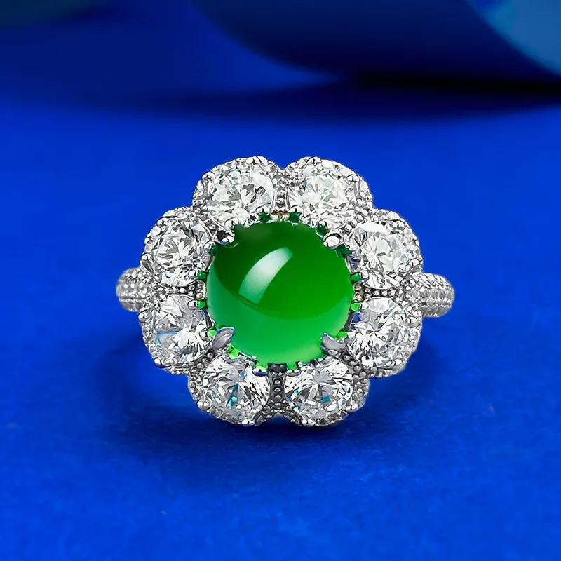 S925 silver luxury zircon inlaid high ice green chalcedony temperament egg face 8mm agate ring women's jewelry