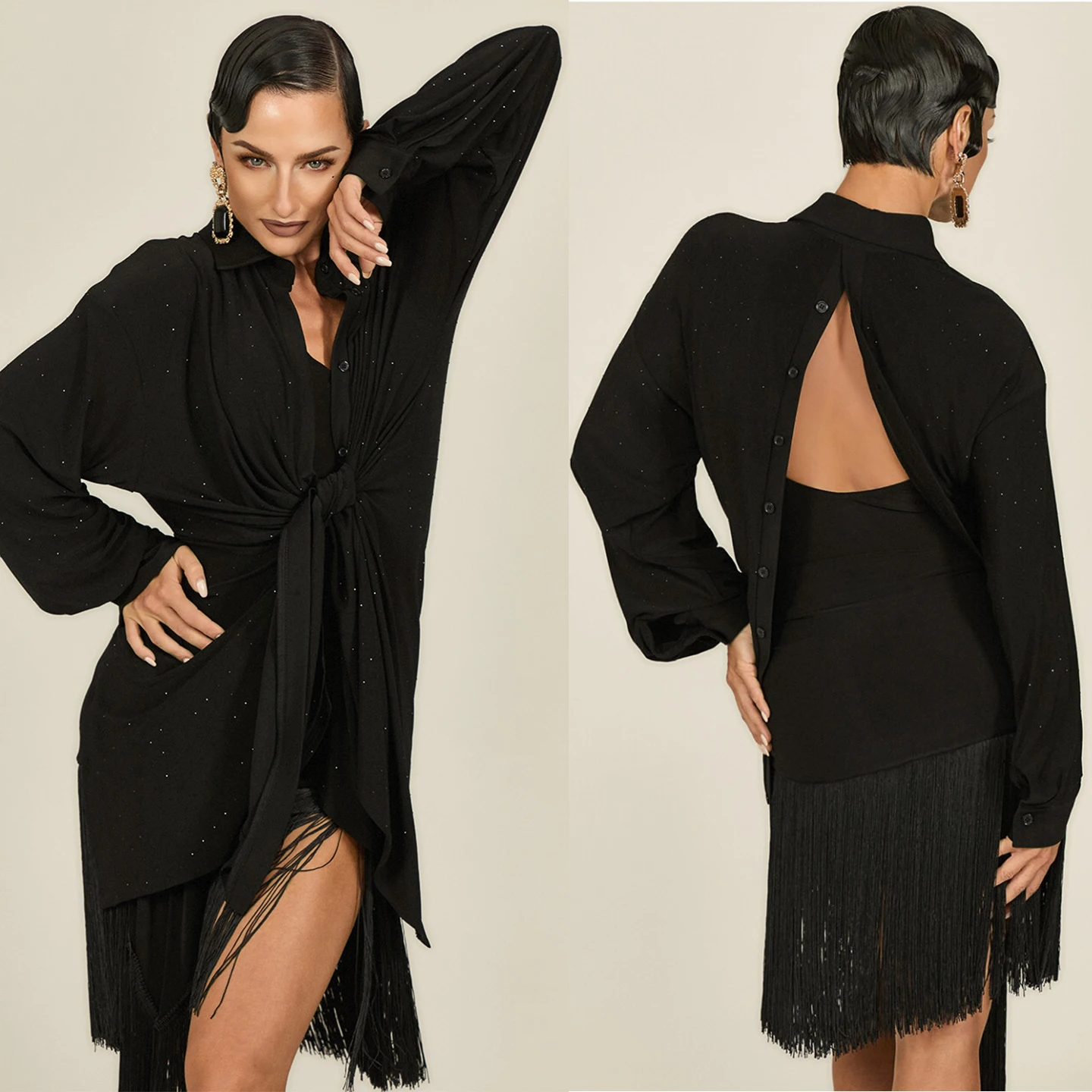 

Black Loose Latin Dance Shirts Women Long Sleeves Practice Tops Adult Rumba Samba Ballroom Dance Performance Clothing DNV25442