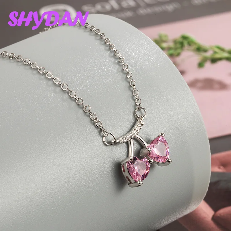 

SHYDAN 925 Silver Pink Zircon Heart Cherry Pendant Necklace For Women Fashion Jewelry