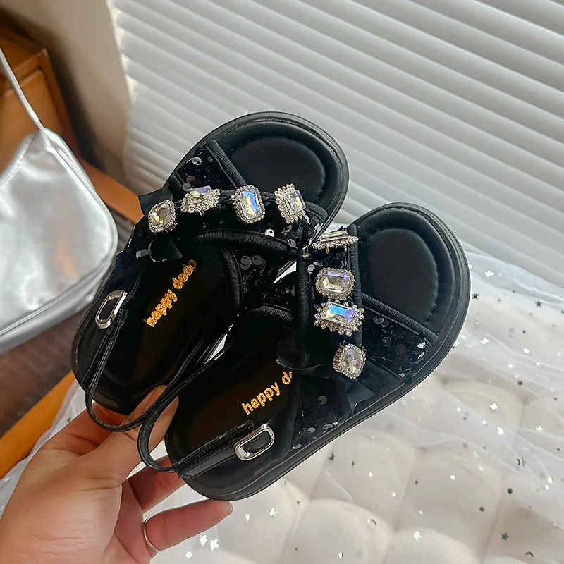 

Girls Sequin Sandals Summer Fashion Children Cross Shoes Lightweight Soft Sole Kids Rhinestone Princess Sandals Anti-Slippery