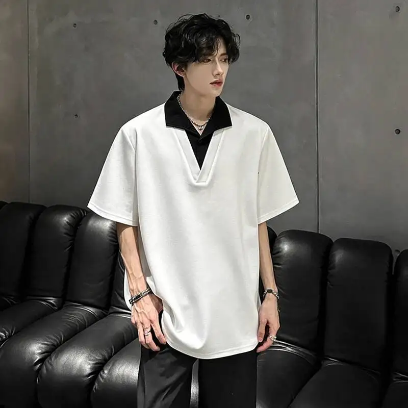 LUZHEN 2026 Summer Fake Two Piece Design Shoulder Pad Short Sleeve T-shirts Men's Trendy Korean Loose Pullover Male Tops JY7255