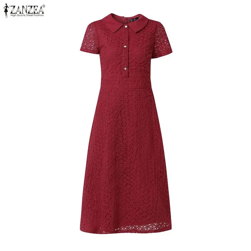 Women's Elegant Lace Dress Turn-Down Collar Short Sleeve Openwork Lace Patchwork Midi Dress ZANZEA 2026 Summer Classy Robe Femme