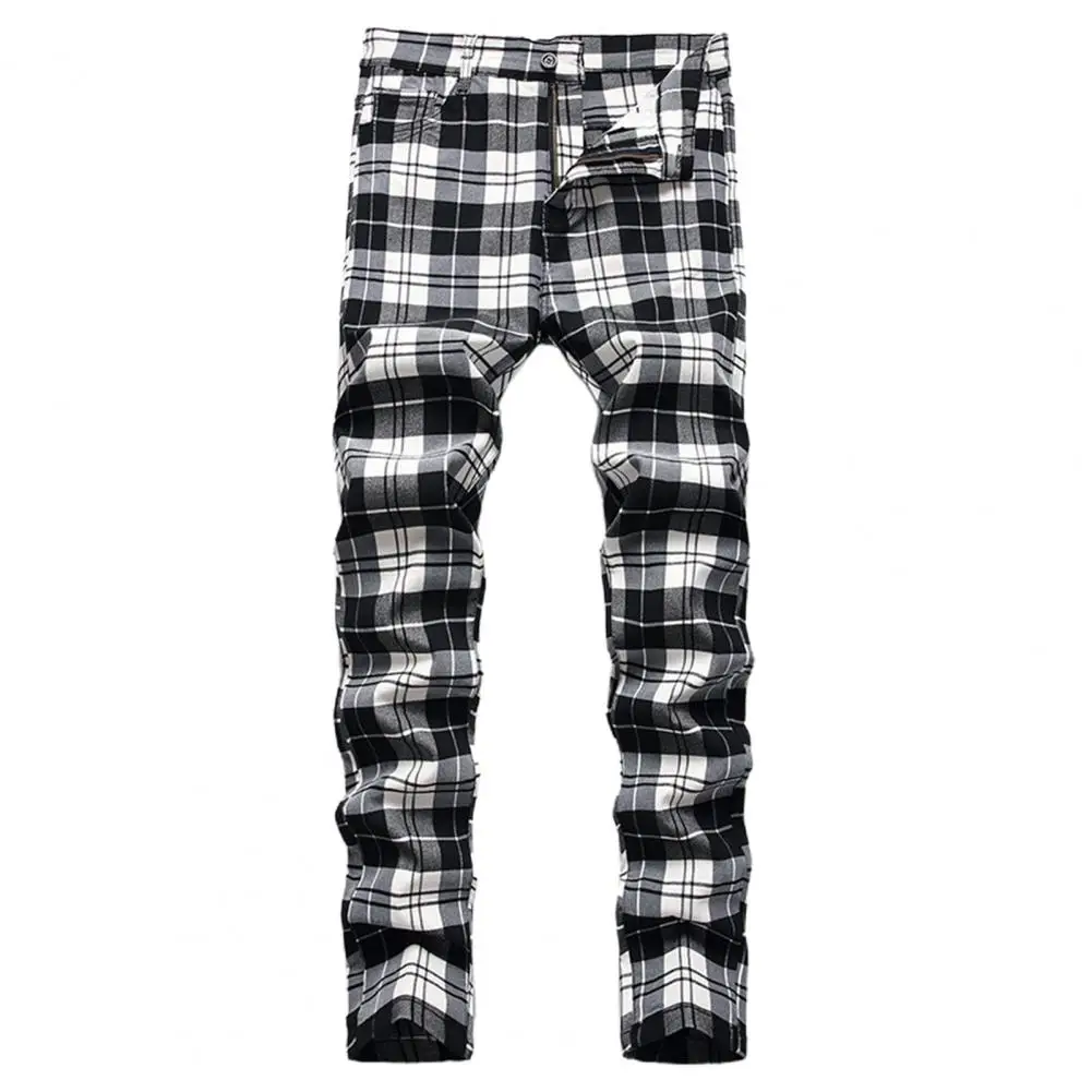 Men Button Zip Trousers Button Fly Slim Fit Plaid Print Wild Skinny Soft Full Length Men Red Plaid Printed Pants for Work