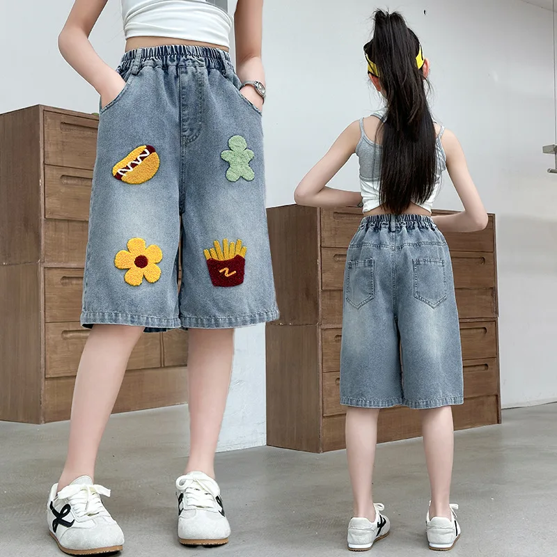 

Girls Towel embroidery Denim Shorts For Children New Summer Knee-Length Denim Short Pants Kids Teenager Casual Floral Mini Jeans