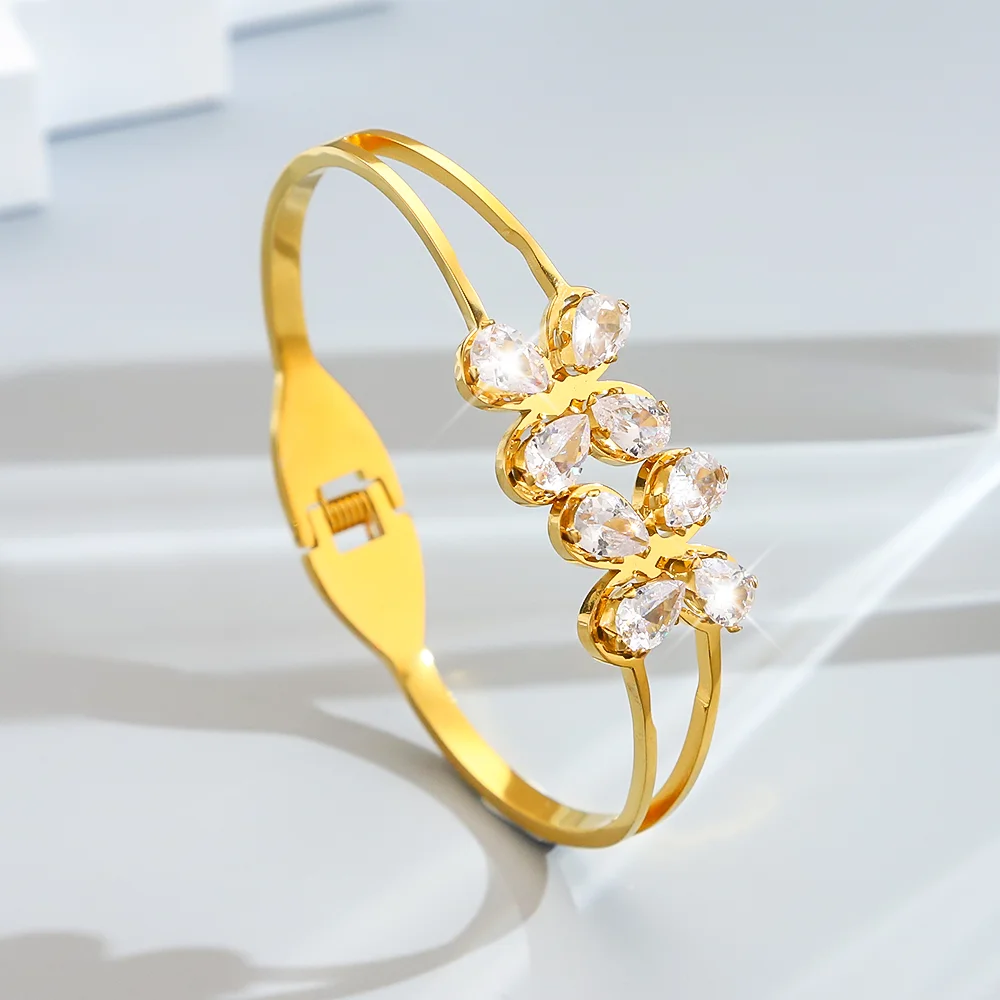 

Elegant Stainless Steel Flower Cuff Bracelet, Exquisite Design Sparkling Zircon Spring Bangle, Fashionable Party Jewelry Gift