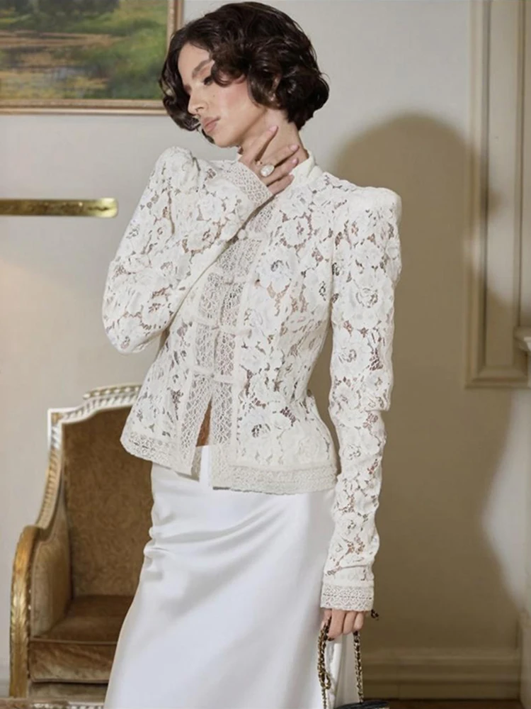 Tornova 2025 nouvelle dentelle crochet fleur femmes chemise mode déplacements à manches longues Cardigan haut rétro mince col montant dame Blouses