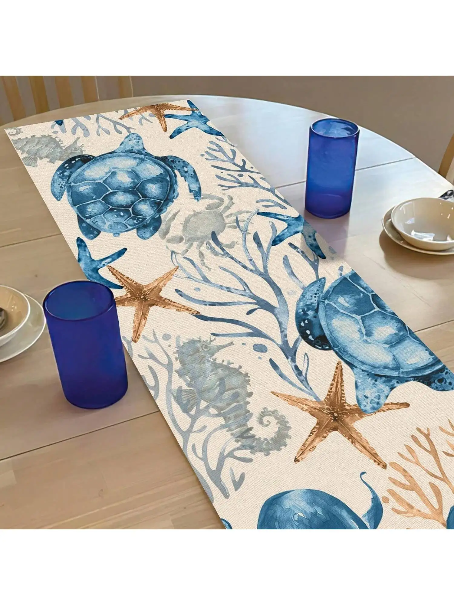 قطعة واحدة من مفرش طاولة على شكل سلحفاة، ديكور بحافة صيفية باللون الأزرق والأخضر المحيط، ديكور حفلات المنزل الداخلي والخارجي في المطبخ #5