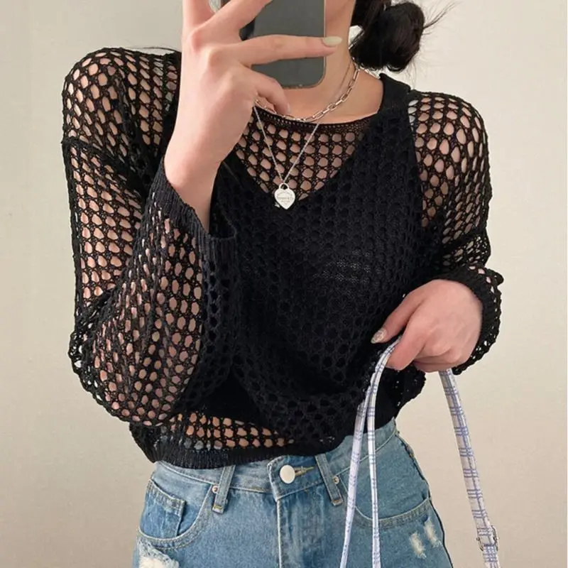 Crochet Top Open Knit Long Sleeve Crop Top with Matching Tank Korean Fashion Teengirl Y2k Spring Summer Outfit