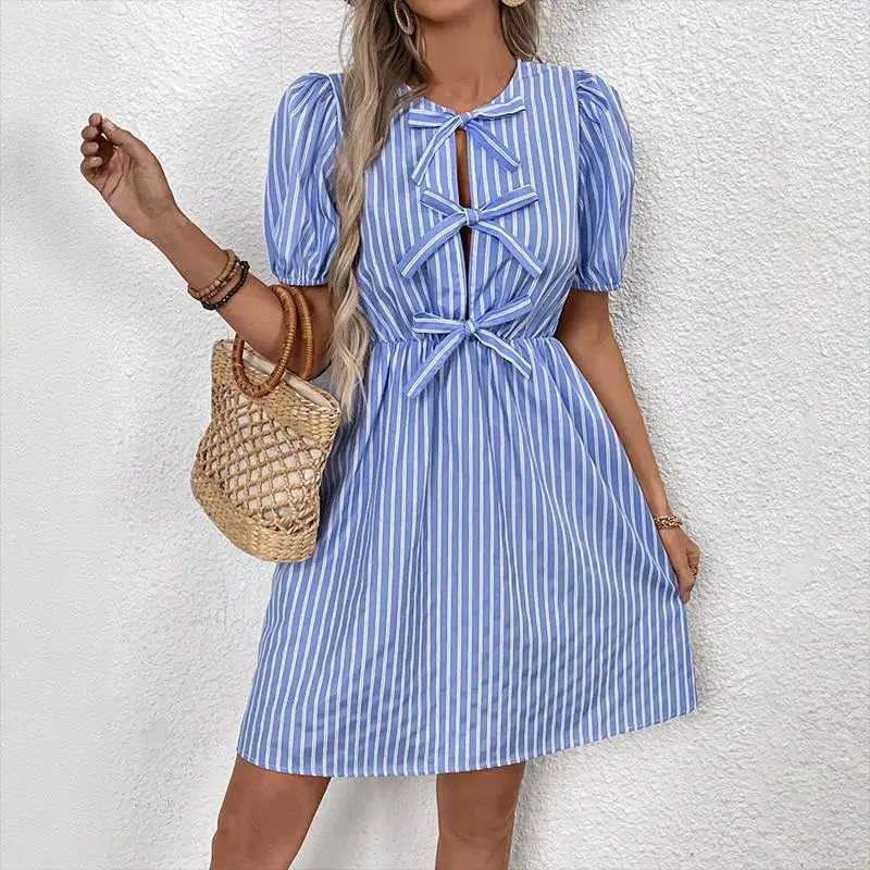 

Women's Blue White Striped Puff Sleeve Tie Bow Decor Mini Dress Casual Party Summer Vintage